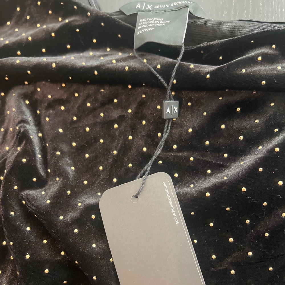 NWT Armani Exchange Black Velvet One Shoulder Dress Gold Metal Dots - Picture 4 of 6